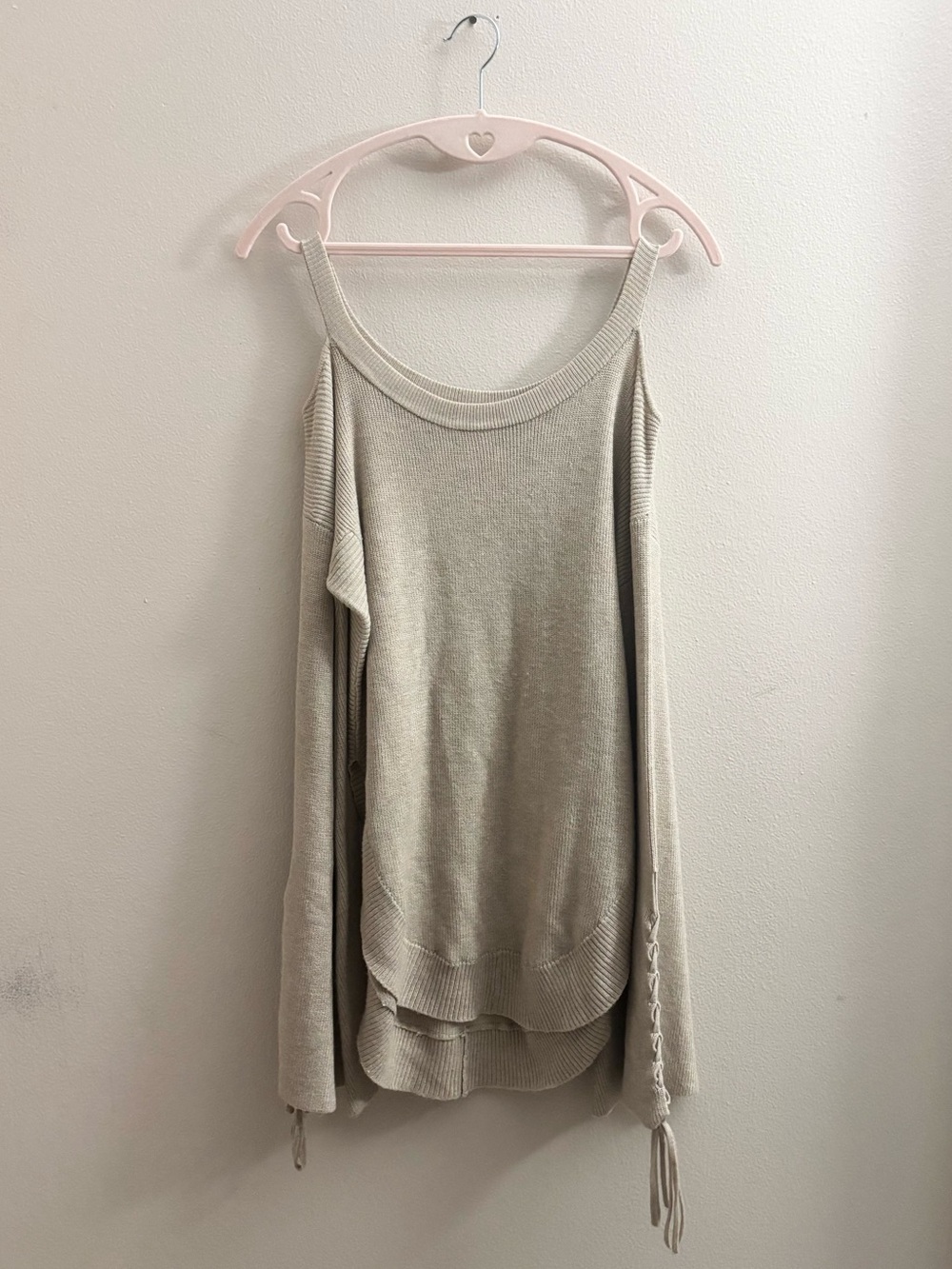 GB Tan Cold Shoulder Lace Up Bell Sleeve Sweater